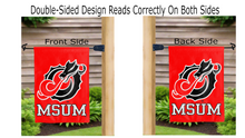 Load image into Gallery viewer, msum logo reading correctly on both sides of red garden flag
