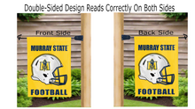 Load image into Gallery viewer, murray state football logo reading correctly on both sides of gold double sided garden flag
