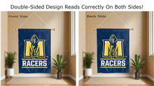 Load image into Gallery viewer, murray state racers logo reading correctly on both sides of blue double sided house flag 
