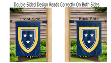 Load image into Gallery viewer, murray state shield logo reading correctly on both sides of blue double sided garden flag
