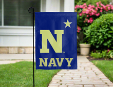 Load image into Gallery viewer, naval academy double sided garden flag with navy N logo for yard decor
