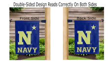 Load image into Gallery viewer, navy n logo reading correctly on both sides of double sided garden flag

