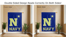 Load image into Gallery viewer, navy n logo reading correctly on both sides of blue double sided house flag

