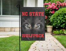Load image into Gallery viewer, nc state wolfpack garden flag with realistic wolf eyes logo for yard decor
