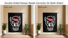 Load image into Gallery viewer, nc state wolfpack logo reading correctly on both sides of black double sided house flag
