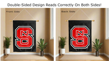 Load image into Gallery viewer, ncsu logo reading correctly on both sides of black double sided house flag
