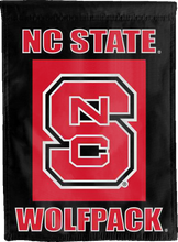 Load image into Gallery viewer, black ncsu wolfpack double sided house flag for college dorm decor
