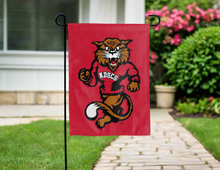 Load image into Gallery viewer, red ndscs double sided garden flag hung outside for yard decor
