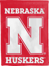 Load image into Gallery viewer, red nebraska huskers double sided house flag for college dorm decor
