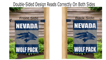 Load image into Gallery viewer, nevada wolf pack logo reading correctly on both sides of blue and grey university of nevada reno garden flag
