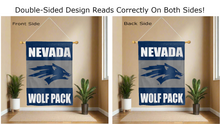 Load image into Gallery viewer, nevada wolf pack logo reading correctly on both sides of blue and grey university of nevada reno house flag
