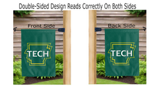 Load image into Gallery viewer, new arkansas tech logo reading correctly on both sides of green double sided garden flag
