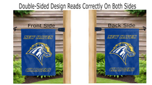 Load image into Gallery viewer, new haven chargers logo reading correctly on both sides of blue double sided garden flag
