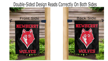 Load image into Gallery viewer, newberry college wolves logo reading correctly on both sides of black double sided garden flag
