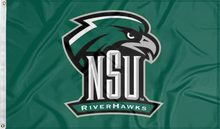 Load image into Gallery viewer, green northeastern state university flag with nsu riverhawks logo for college dorm decor

