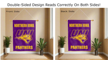 Load image into Gallery viewer, northern iowa panthers logo reading correctly on both sides of purple double sided house flag
