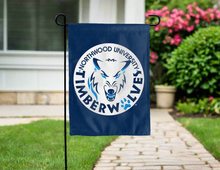 Load image into Gallery viewer, blue northwood university garden flag hung outside for yard decor 
