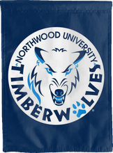 Load image into Gallery viewer, blue northwood university house flag hung outside for fan cave decor 
