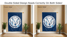 Load image into Gallery viewer, northwood university Timberwolves logo reading correctly on both sides of blue house flag
