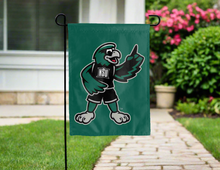 Load image into Gallery viewer, green nsu double sided garden flag with rowdy the riverhawk logo for yard decor
