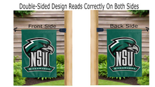 Load image into Gallery viewer, nsu riverhawks logo reading correctly on both sides of green double sided garden flag
