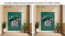 Load image into Gallery viewer, nsu riverhawks logo reading correctly on both sides of green double sided house flag
