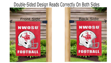 Load image into Gallery viewer, nwosu football logo reading correctly on both sides of red double sided garden flag
