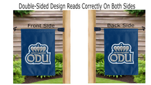 Load image into Gallery viewer, odu logo reading correctly on both sides of blue old dominion university double sided garden flag
