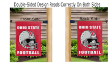 Load image into Gallery viewer, ohio state football logo reading correctly on both sides of red double sided garden flag
