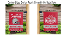 Load image into Gallery viewer, ohio state football nine time national champions logo reading correctly on both sides of red double sided garden flag
