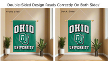 Load image into Gallery viewer, ohio university ou logo reading correctly on both sides of green double sided house flag
