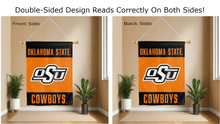 Load image into Gallery viewer, oklahoma state osu cowboys logo reading correctly on both sides of double sided house flag
