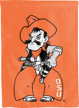 Load image into Gallery viewer, orange osu pistol pete double sided house flag for college dorm decor
