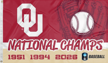 Load image into Gallery viewer, oklahoma three time college world series champions baseball flag for college dorm decor
