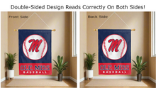 Load image into Gallery viewer, ole miss baseball logo reading correctly on both sides of blue and red double sided house flag
