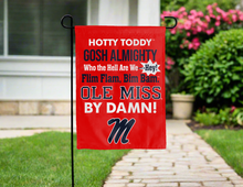 Load image into Gallery viewer, red double sided garden flag with Ole miss fight song logo for yard decor
