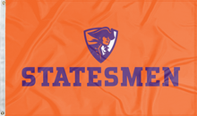 Load image into Gallery viewer, orange hobart flag with statesmen logo for college dorm decor
