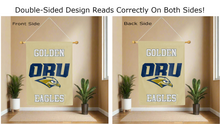Load image into Gallery viewer, oru golden eagles logo reading correctly on both sides of gold double sided house flag
