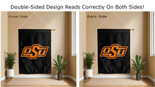 Load image into Gallery viewer, osu logo reading correctly on both sides of black oklahoma state double sided house flag
