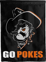 Load image into Gallery viewer, black osu pistol pete double sided house flag for college dorm decor

