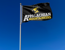 Load image into Gallery viewer, outdoor display of black appalachian state university mountaineers flag for tailgate decor
