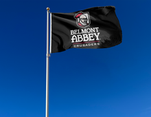 Load image into Gallery viewer, outdoor display of black belmont abbey college crusaders flag for tailgate decor
