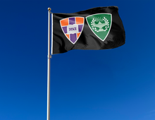 Load image into Gallery viewer, outdoor display of black hobart and william smith colleges flag with shields logo for tailgate decor
