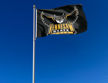 Load image into Gallery viewer, outdoor display of black kennesaw state owls flag for tailgate decor
