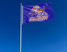 Load image into Gallery viewer, outdoor display of blue savannah state university flag for tailgate decor
