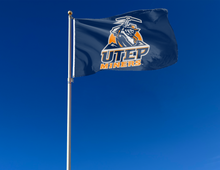 Load image into Gallery viewer, outdoor display of blue utep miners flag for tailgate decor
