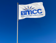 Load image into Gallery viewer, outdoor display of white borough of manhattan community college flag for tailgate decor
