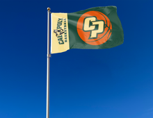 Load image into Gallery viewer, outdoor display of cal poly mustangs basketball flag for tailgate decor
