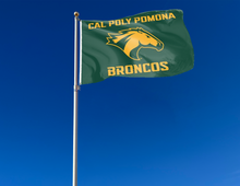 Load image into Gallery viewer, outdoor display of green cal poly pomona broncos flag for tailgate decor
