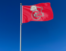 Load image into Gallery viewer, outdoor display of red cal state channel islands dolphins flag for tailgate decor
